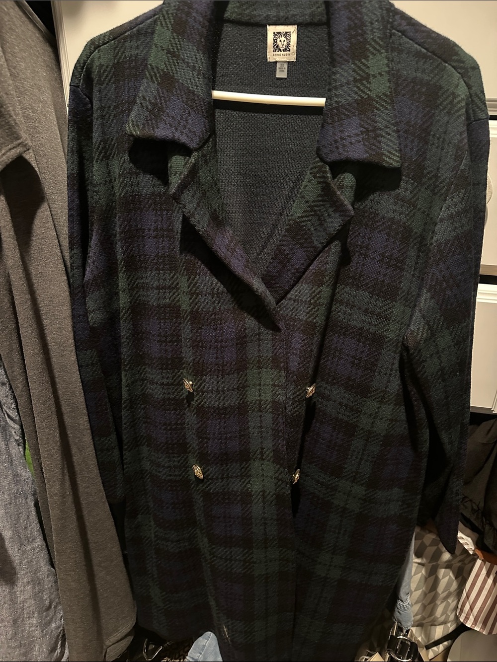 Anne Klein Double-Breasted Plaid Pea Coat in Green & Navy